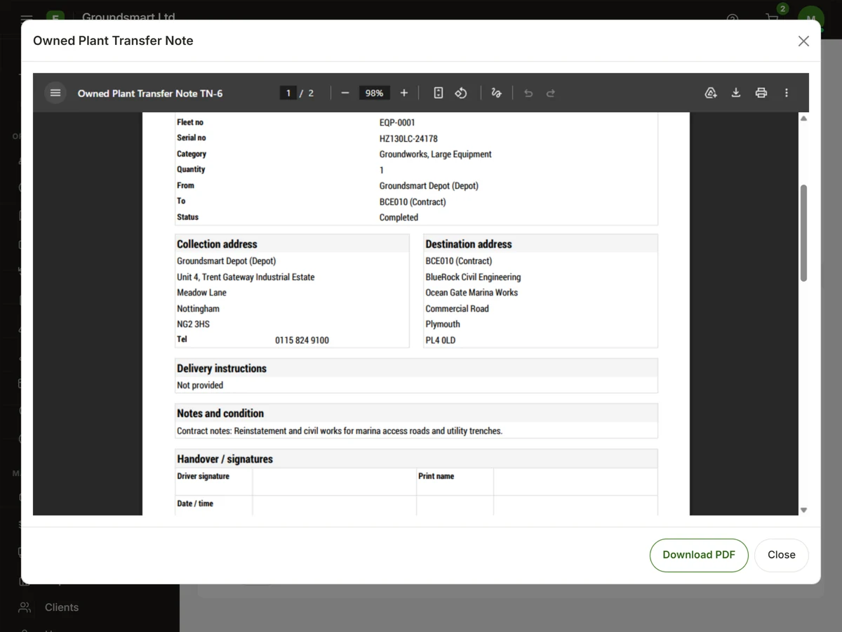 Equipbase driver delivery document for an owned plant transfer between depot and site