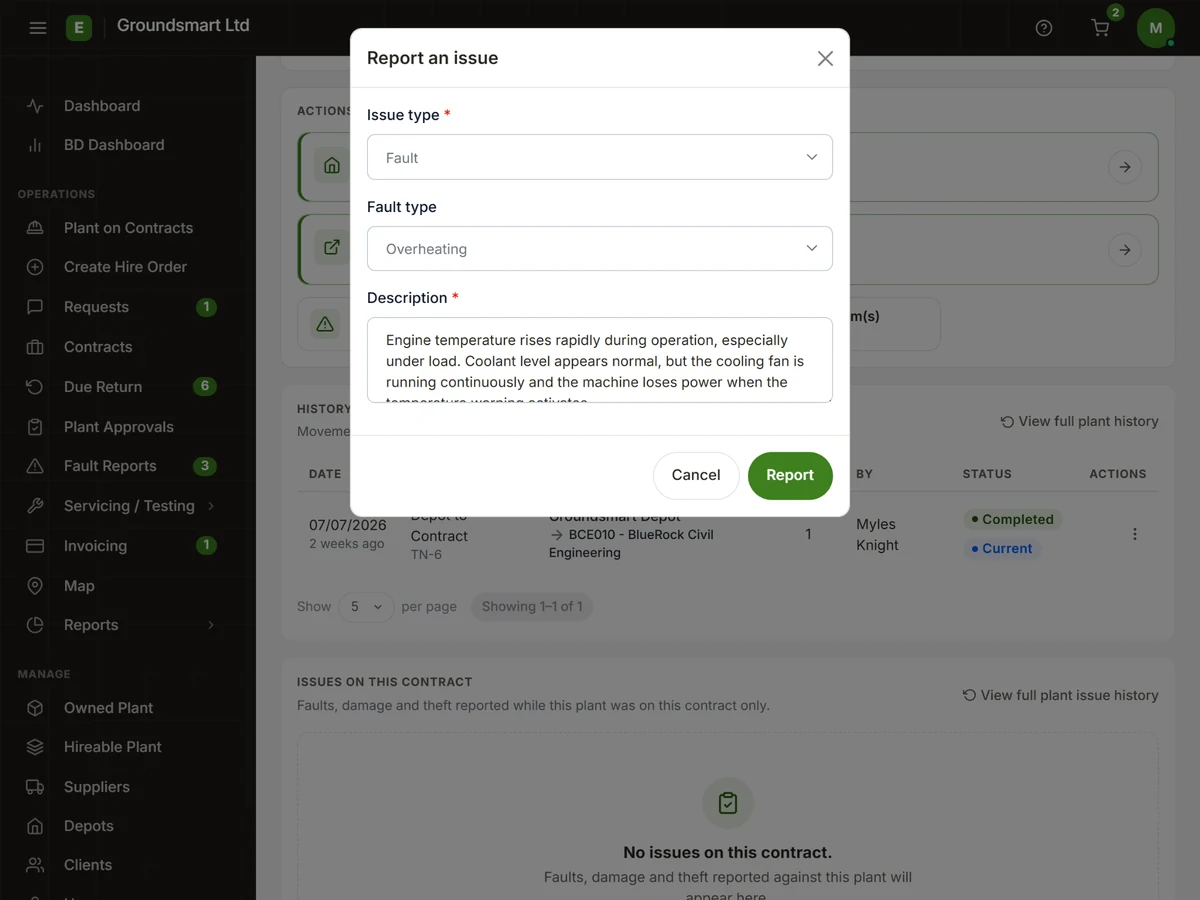 Equipbase fault and damage reporting screen showing site-reported plant issues with status