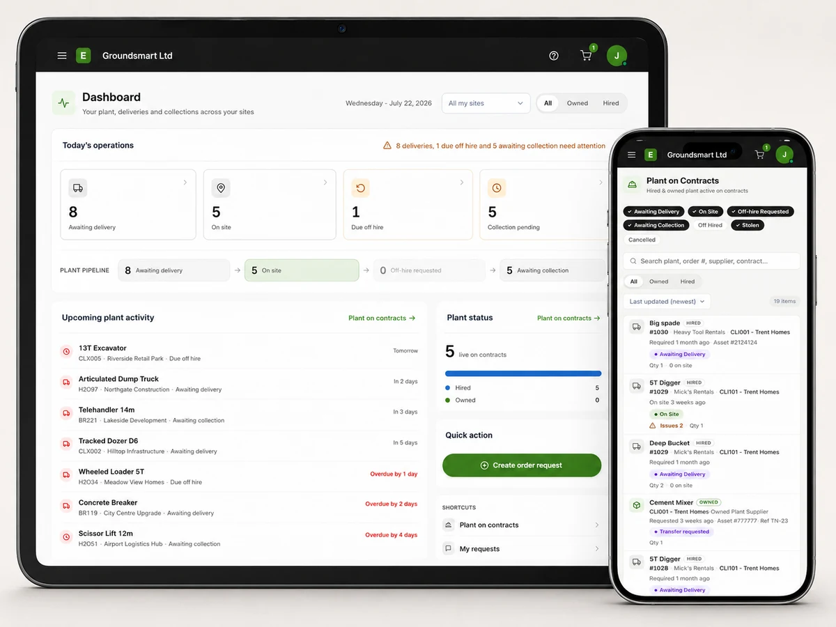 Equipbase mobile site view showing a contract's plant list and request actions