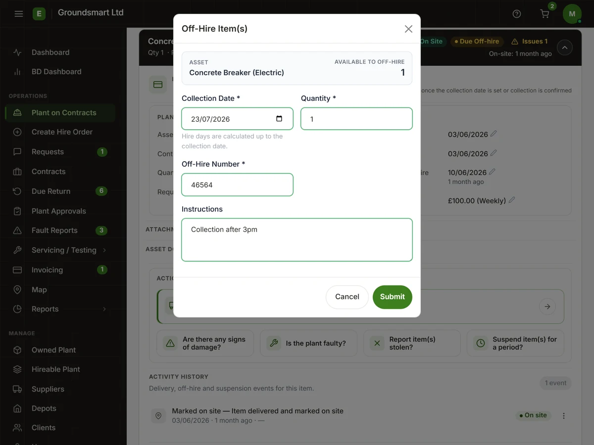 Equipbase hire order view showing hired plant items with hire and off-hire status
