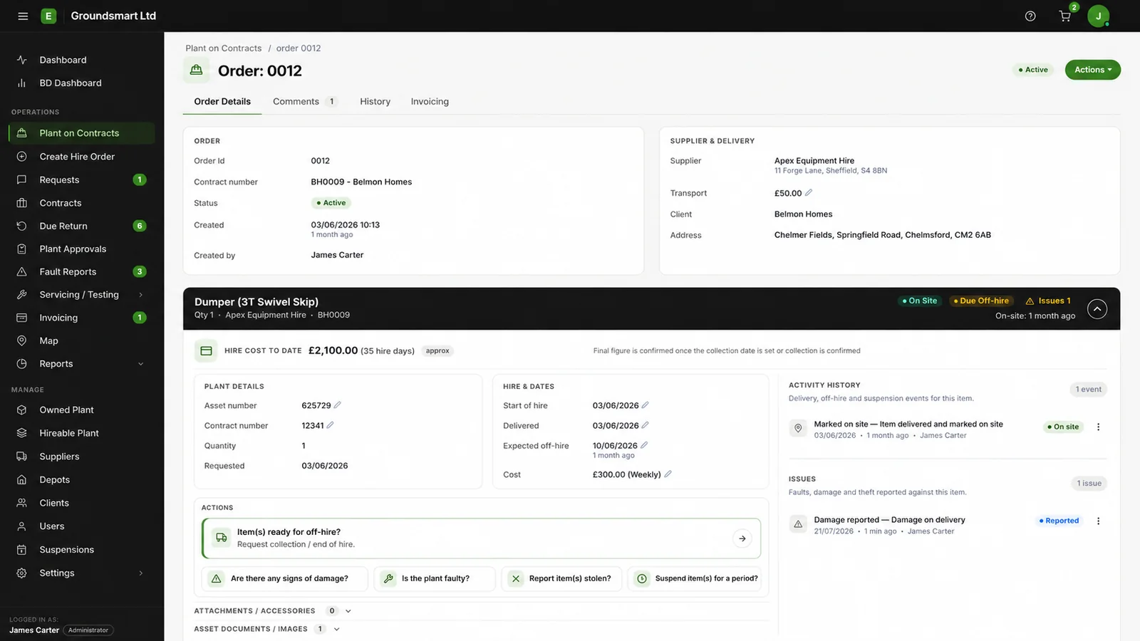 Equipbase plant manager view showing hired and owned plant across contracts with statuses