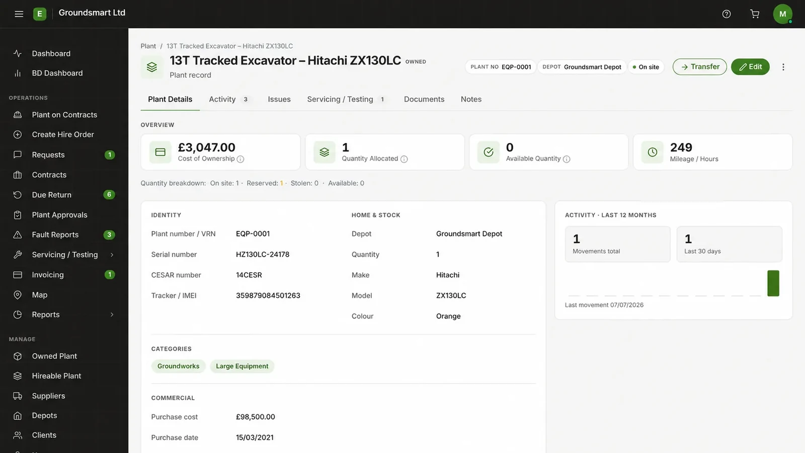 Equipbase owned plant record with tabs for activity, servicing, documents and notes
