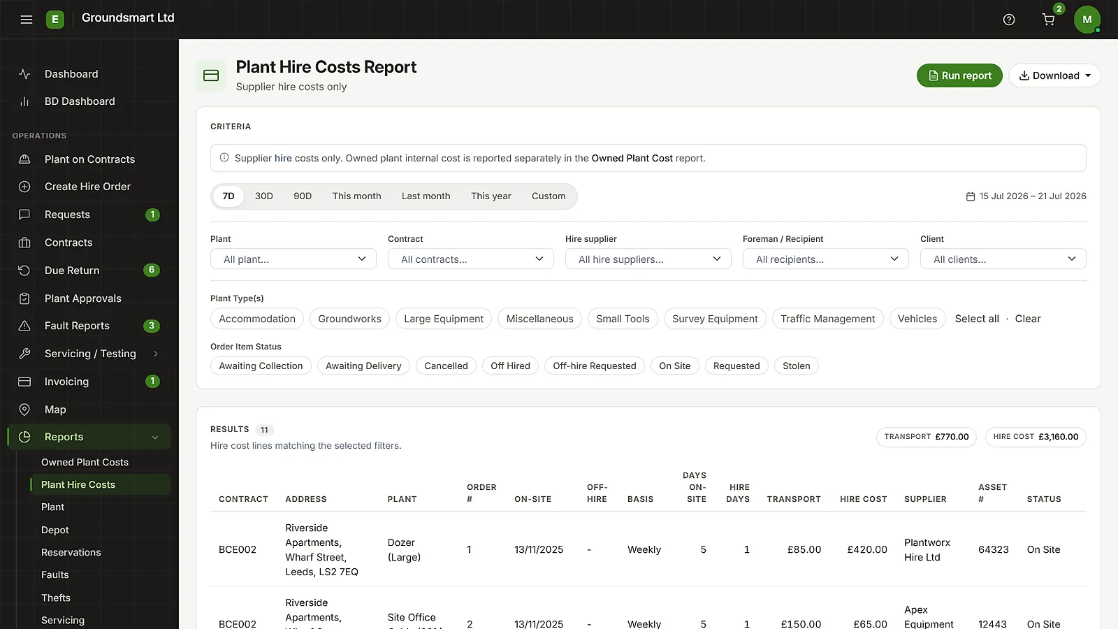 Equipbase plant cost reporting screen showing hired and owned plant costs by contract