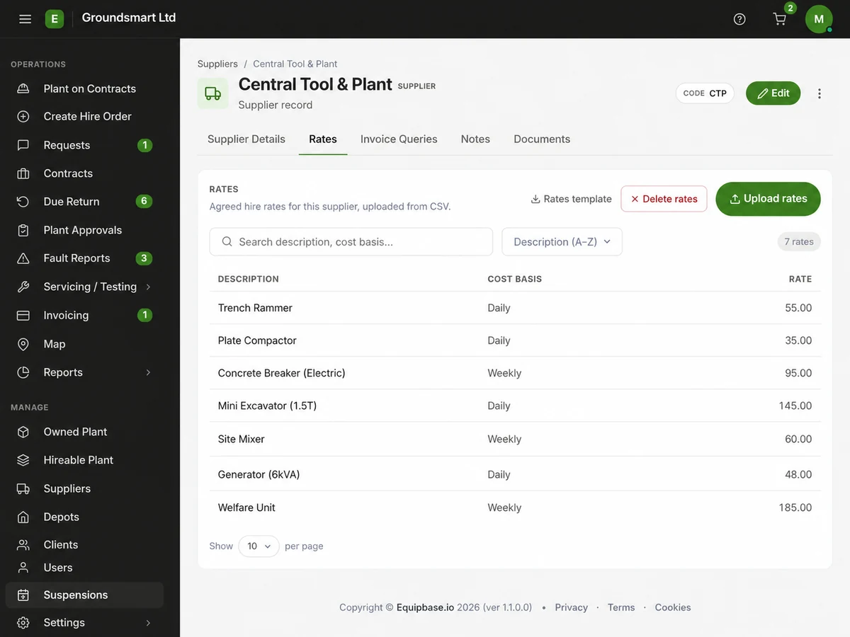 Equipbase plant order screen showing supplier selection and agreed hire rates on the order
